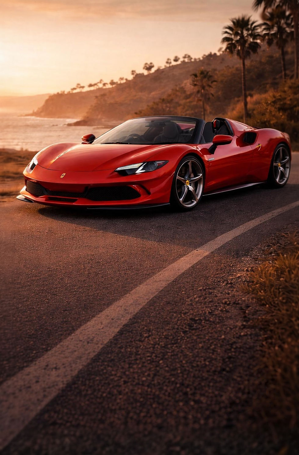 Red Ferrari 296 GTS convertible driving along a coastal hillside at sunset — hybrid supercar convertible rental by PrestigeJetSet
