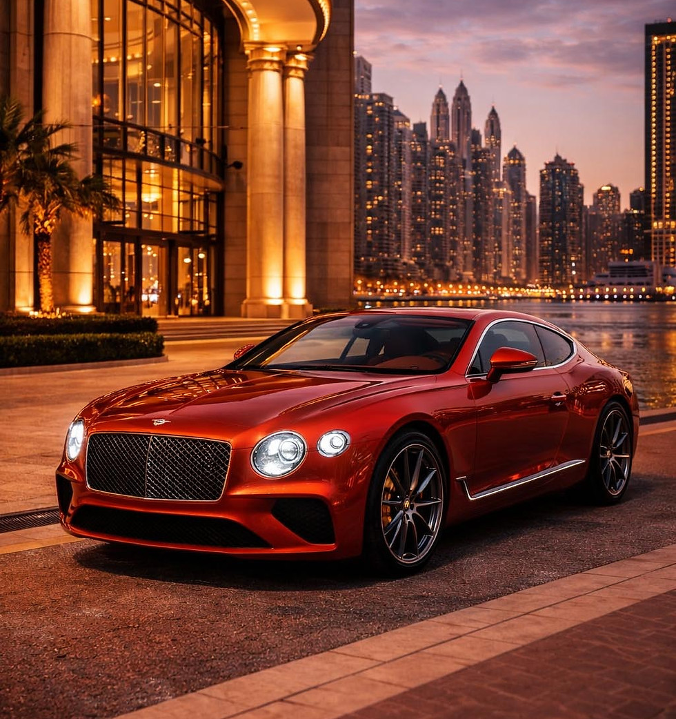 Bentley Continental GT rental Dubai luxury coupe waterfront skyline UAE PrestigeJetSet