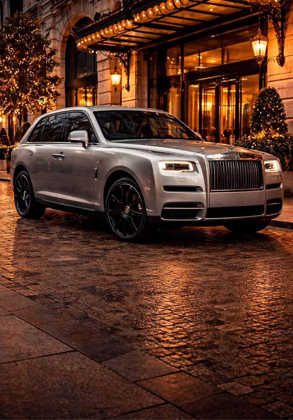 Silver Rolls-Royce Cullinan parked in front of luxury London hotel entrance at night – luxury SUV rental London PrestigeJetSet