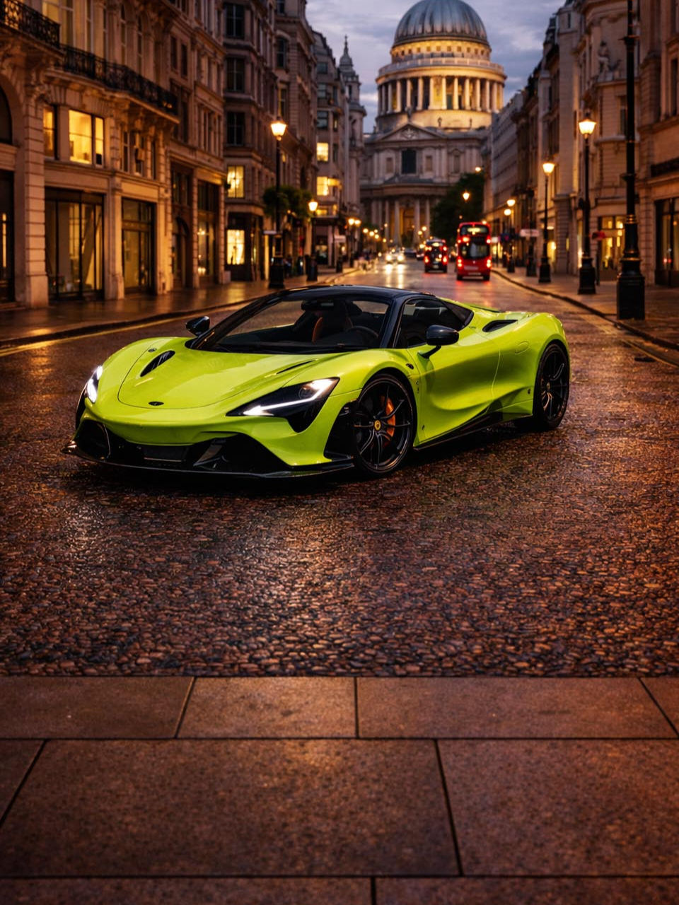 Green McLaren supercar on London street near St Paul’s Cathedral at golden hour – supercar rental London PrestigeJetSet