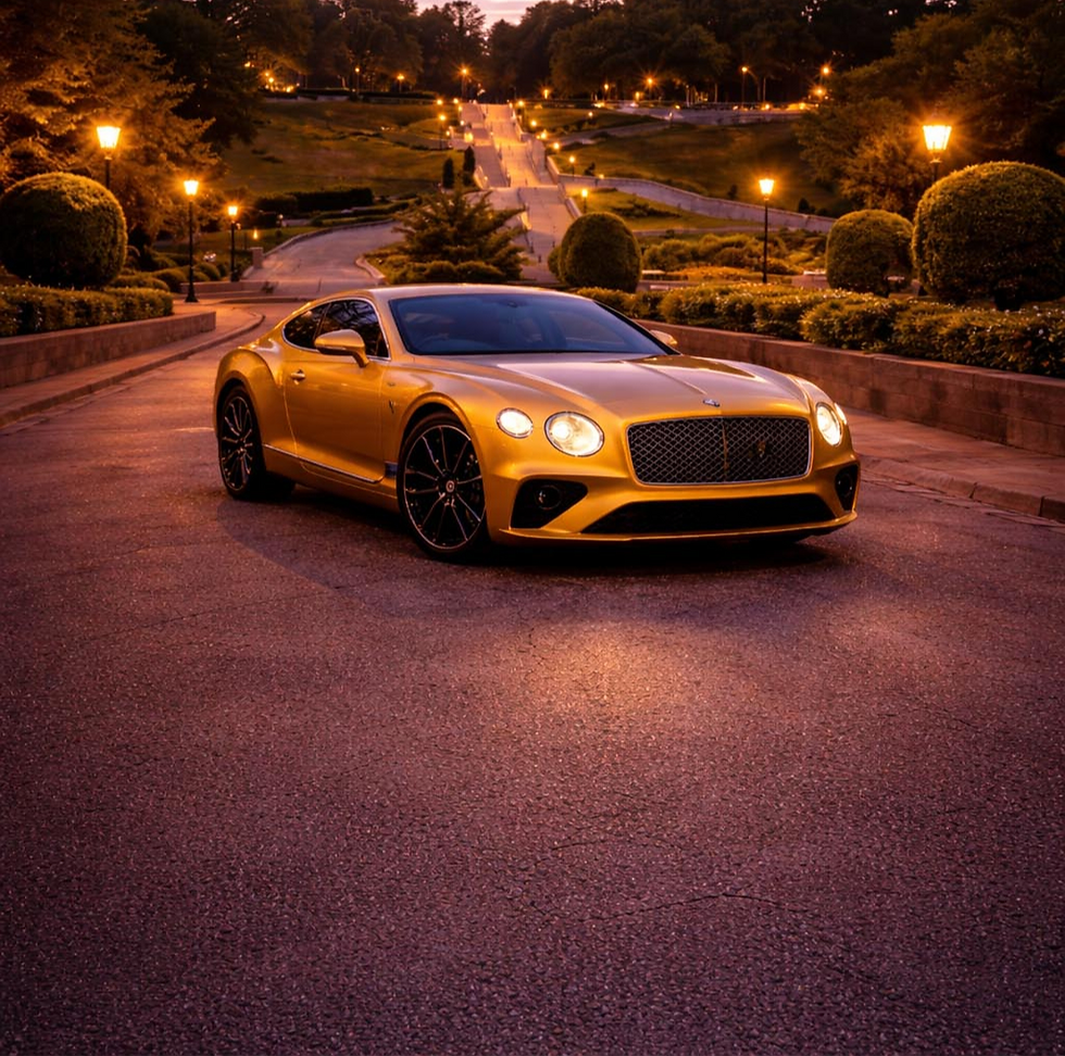 Gold Bentley Continental GT parked on an upscale Montreal street at sunset with warm city lights