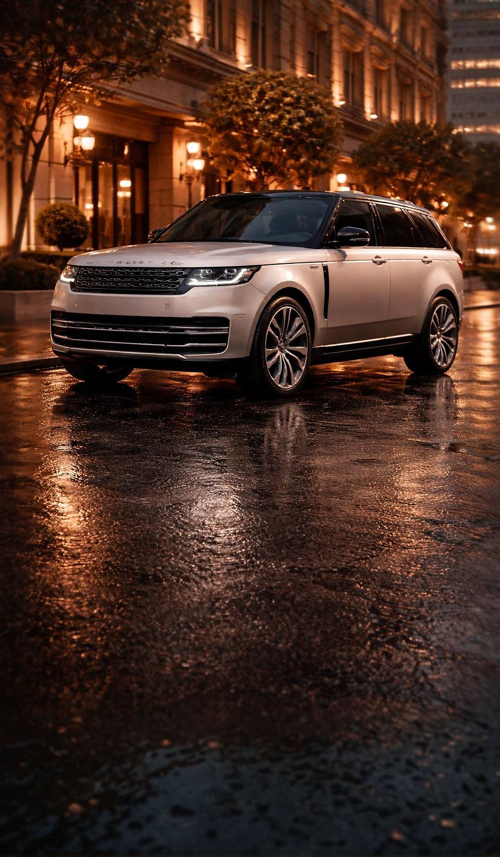Range Rover SV on wet city street at night with warm architectural lighting — premium luxury SUV rental