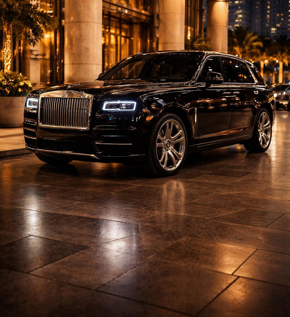 Rolls-Royce luxury sedan Dubai hotel entrance curated exotic fleet UAE PrestigeJetSet