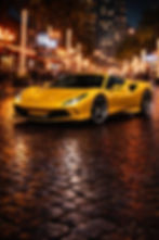 Yellow Ferrari F8 Tributo on wet street at night – twin turbo supercar rental PrestigeJetSet