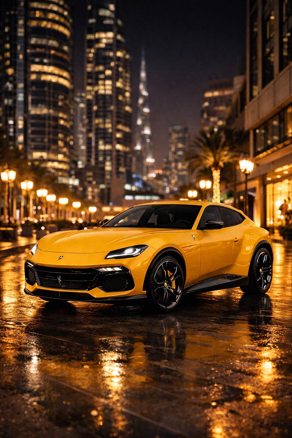 Ferrari Purosangue rental Dubai luxury performance SUV city lights UAE PrestigeJetSet
