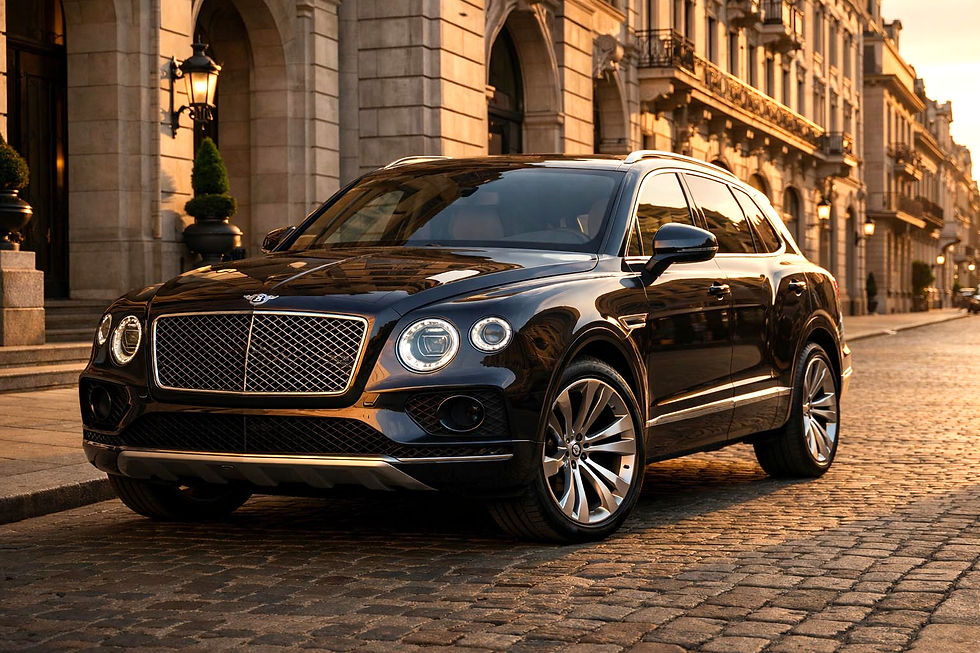 Bentley Bentayga SUV rental in city setting, alternate angle with full vehicle visible and cinematic lighting