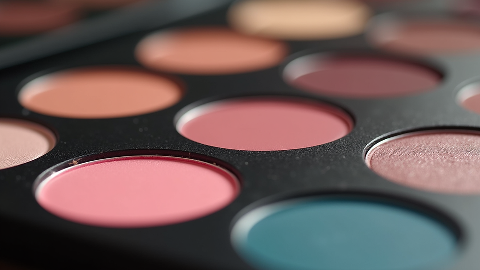 Close-up view of a makeup palette with various shades