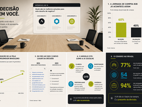 ilustração de uma sala de reunião de compra B2B com uma cadeira vazia identificada como "sua marca", enquanto uma interface de IA exibe três concorrentes.