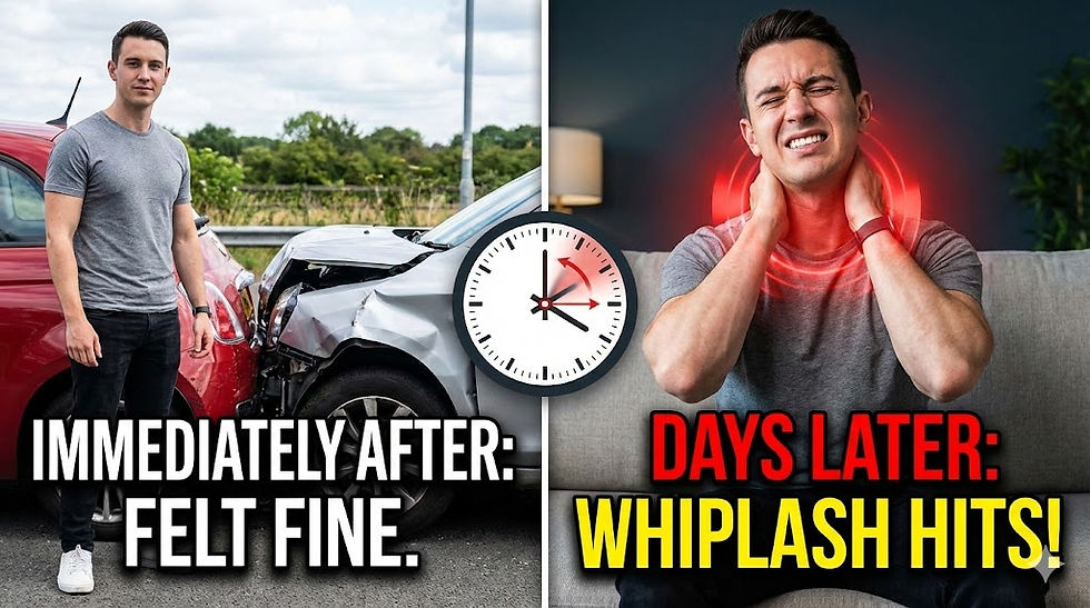 Man stands by car crash, text: "Immediately After: Felt Fine." Another man holds neck in pain, text: "Days Later: Whiplash Hits!"