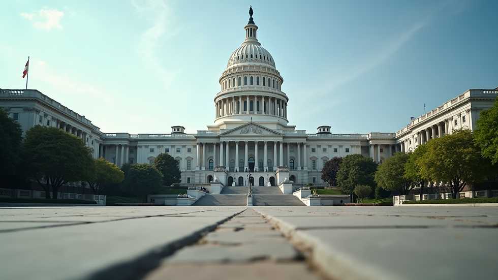 Eye-level view of a government building with a clear sky