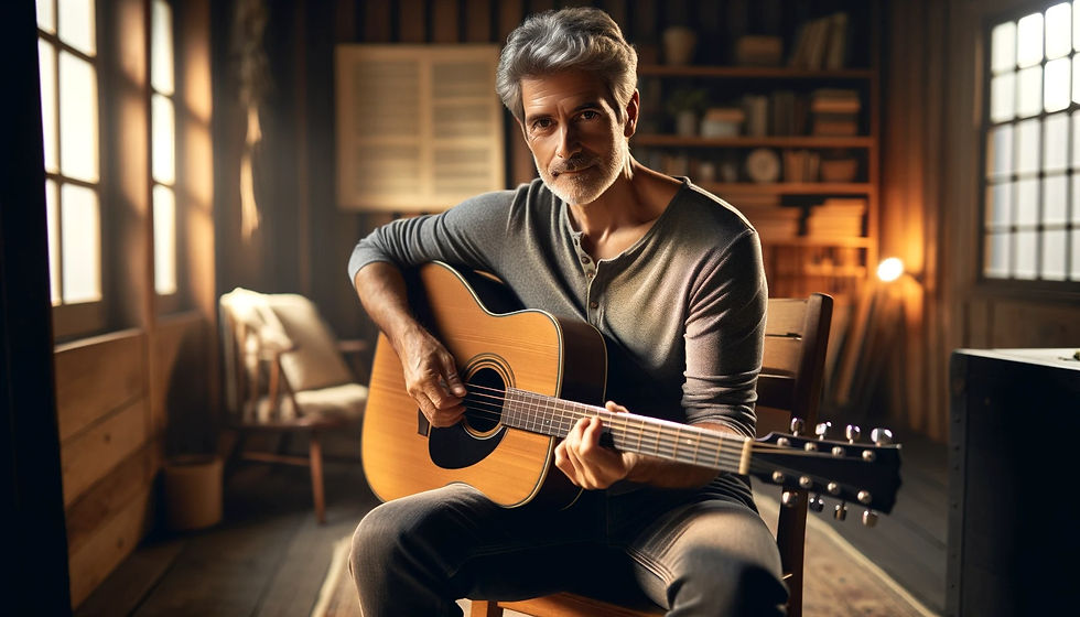 Older Adult Playing Guitar in Cosy Room