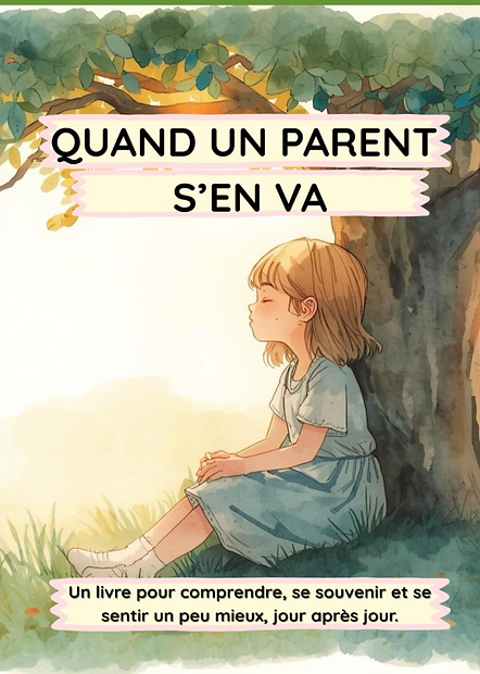 Dessin du livre ‘Quand un parent s’en va’, montrant une fillette de 8 ans assise au pied d’un arbre, symbole de douceur et d’accompagnement des enfants dans le deuil 