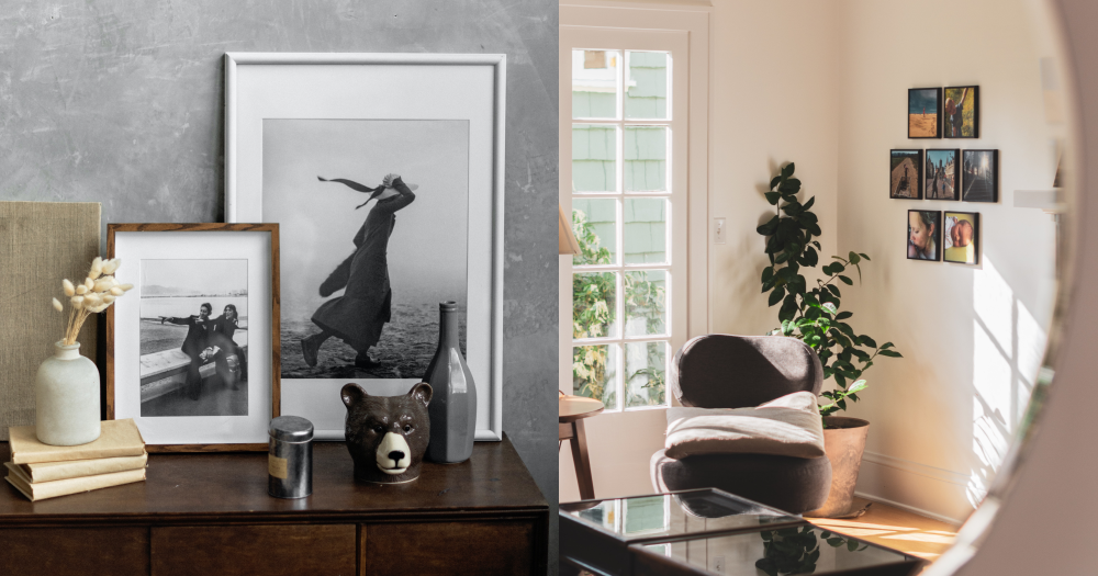 Two black and white photographs on a dresser and family photo collage on a wall.