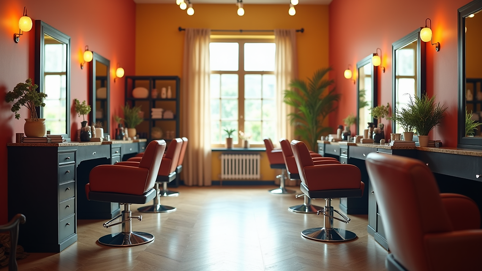 Eye-level view of a stylish hair salon interior with vibrant decor
