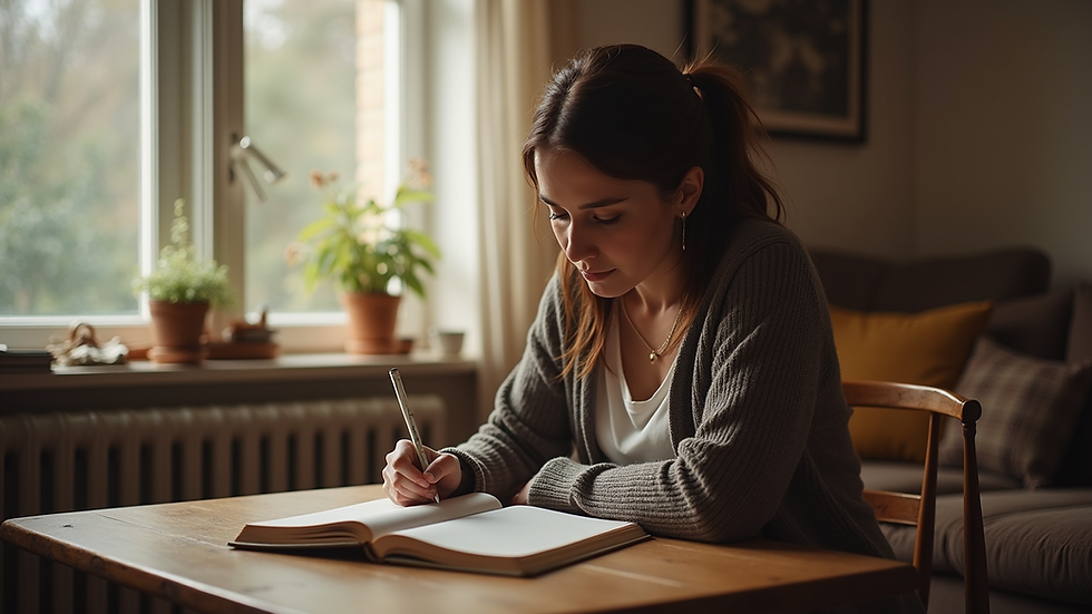 Eye-level view of a woman journaling in a cozy room