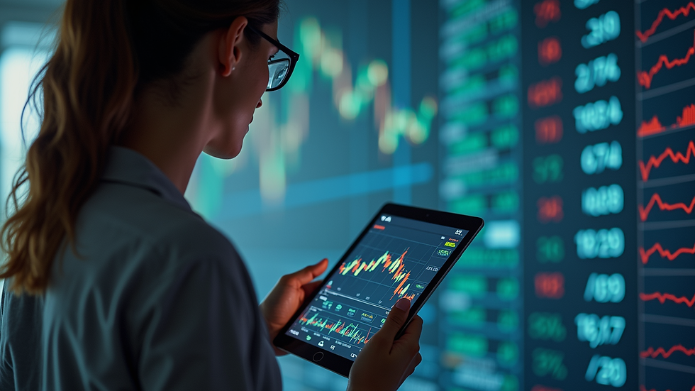 Close-up view of a woman analyzing stock market data on a tablet