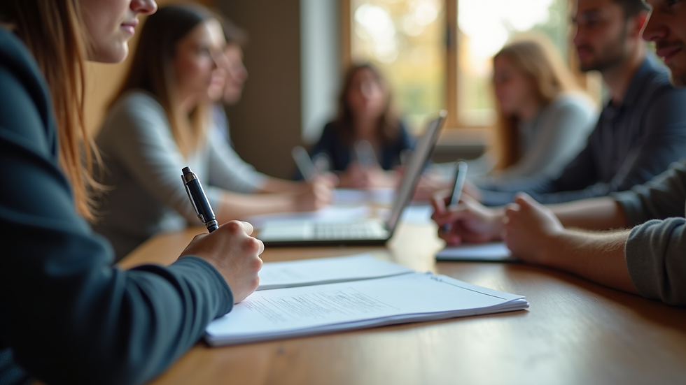 Close-up view of a woman writing notes during a workshop session