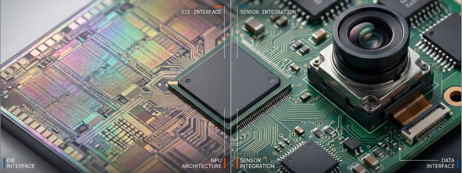 Close-up of AI SoC silicon die with labeled interfaces — IntelliGienic Edge AI hardware