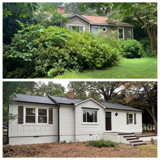 outdoor renovation house on top completely covered by overgrowth, on bottom with bushes cleared away and fresh paint