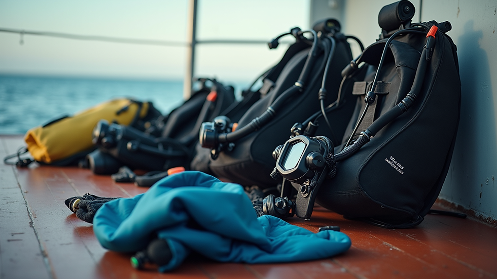 Eye-level view of scuba diving gear laid out on a boat deck