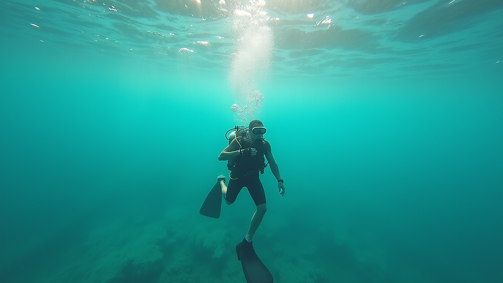 Wide angle view of a calm turquoise ocean with a scuba diver preparing to enter the water