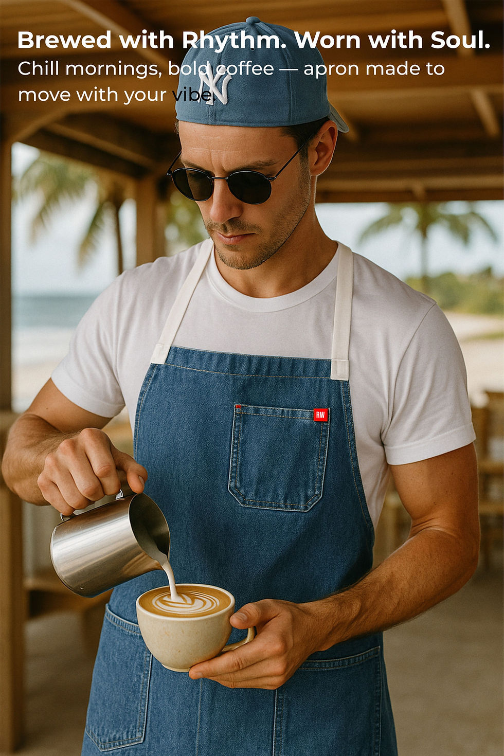Man pouring milk into latte, wearing jeans denim apron in cofee shop