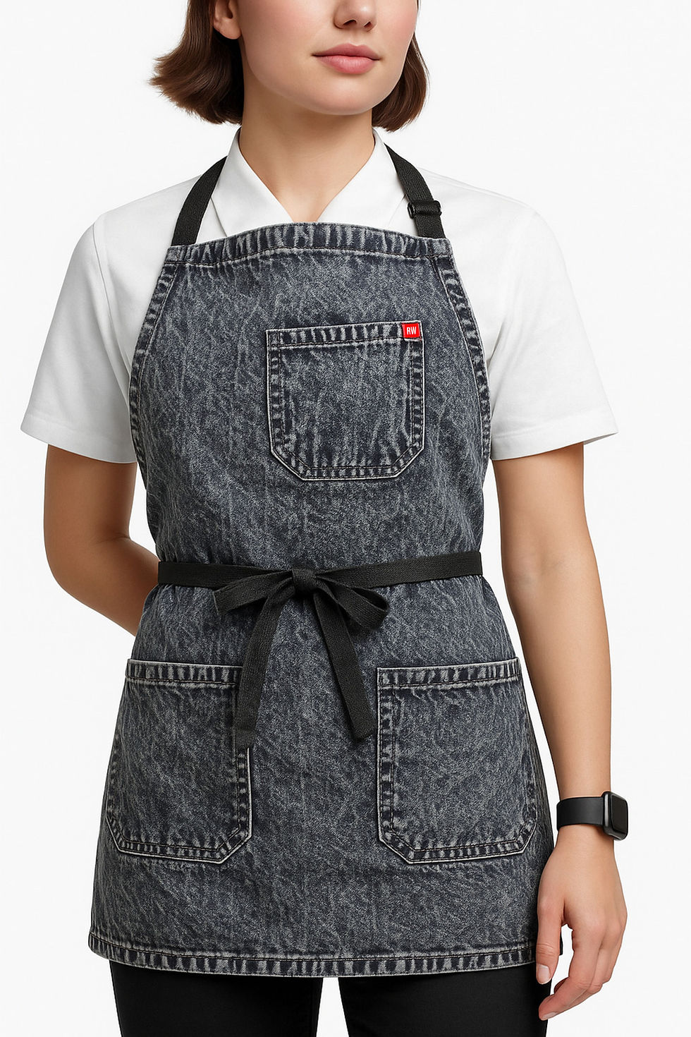 Women wearingOyster Gray Jeans Denim Apron Classic by reedworth, white background