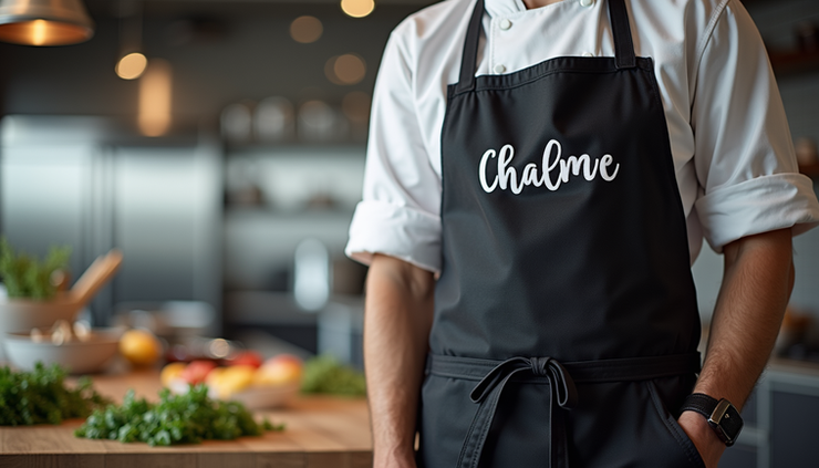 Eye-level view of a chef wearing a customized apron with embroidered name, standing in a modern kitchen