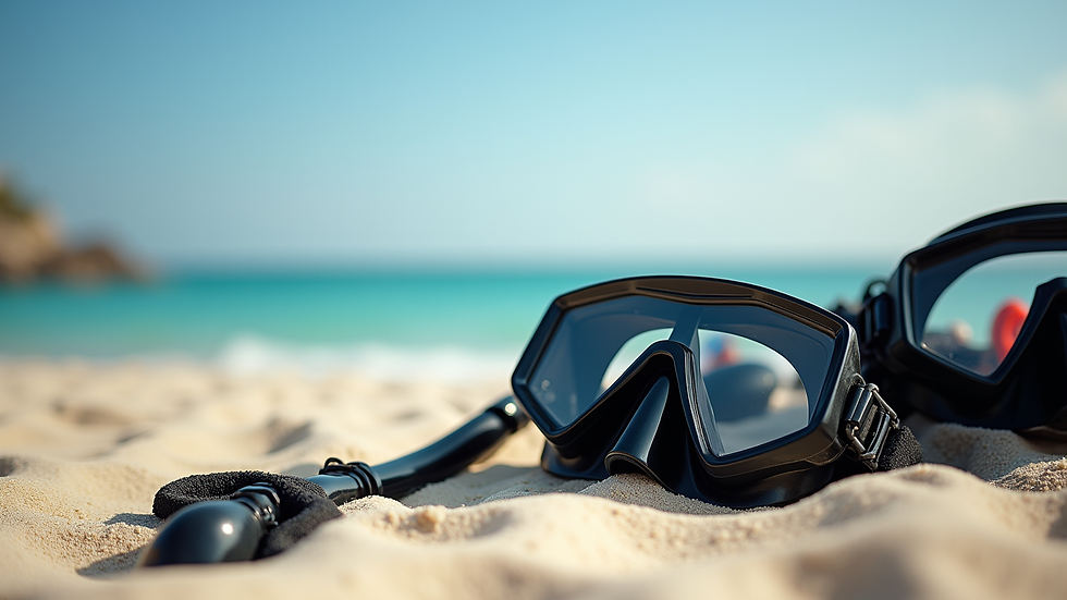 Eye-level view of scuba diving gear laid out on a sandy beach