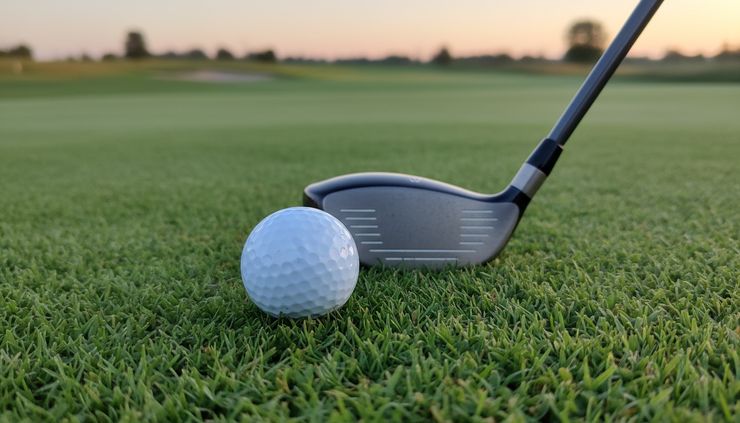 Close-up view of a Callaway-style 6 hybrid sitting behind a golf ball in the fairway.