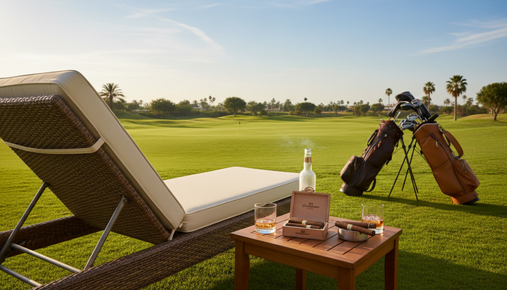 Wide-angle view of a summer golf fairway beside an outdoor lounger with cigars and a cold drink.