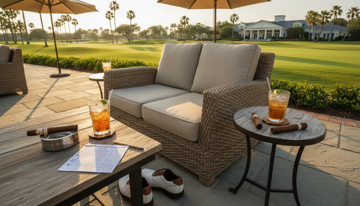 Overhead view of an outdoor lounger after a round with a scorecard, cigars, and drinks beside golf shoes.