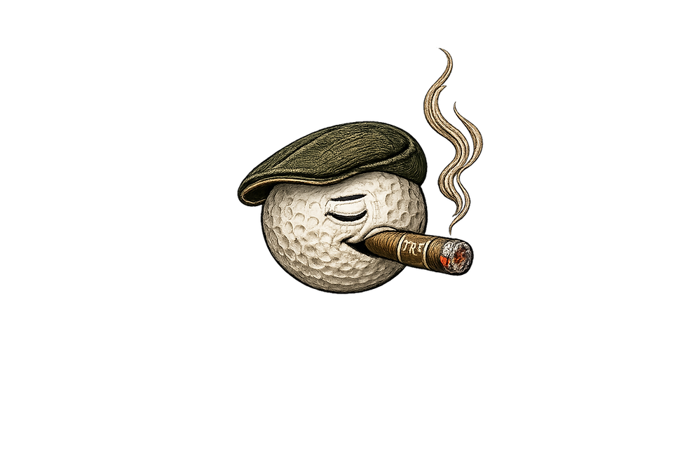 Eye-level view of a golf hat, polo, and hoodie displayed on a wooden table with a cigar beside them