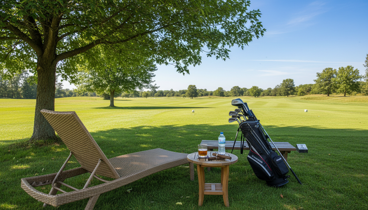 Eye-level view of golf clubs beside an outdoor lounger with bottled water, a drink, and cigars near a shaded tee box.