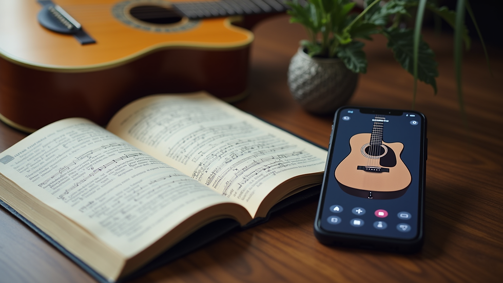 Eye-level view of a guitar lesson book and a smartphone with a guitar app open