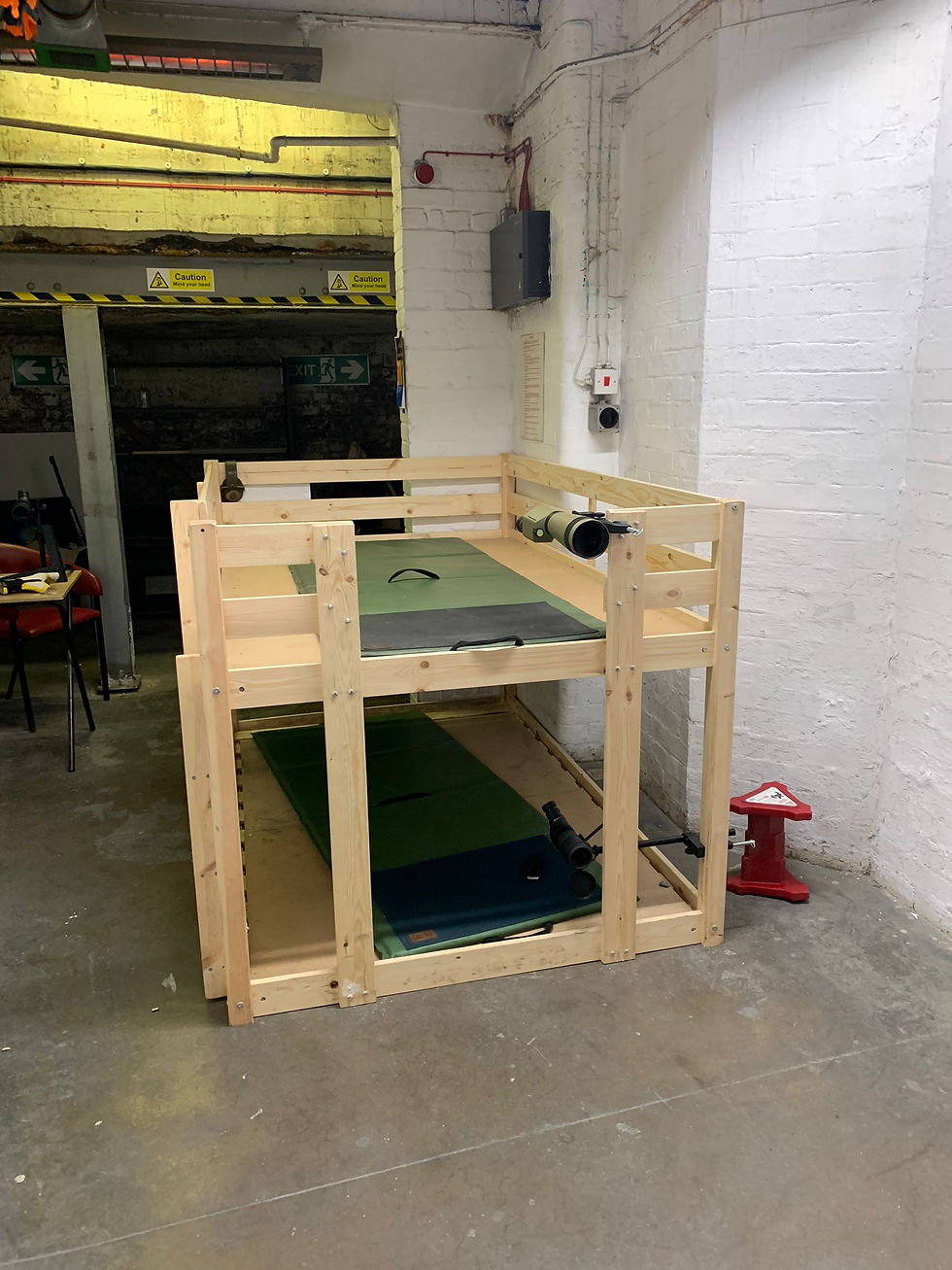 Pictured above: the modified, braced, bunk bed with two firing points. Finally! Also note, some ingeniously placed hide mounts used to mount spotting scopes, which will hopefully encourage development of our more novice shooters to start learning how to spot and adjust their sights themselves with ease.
