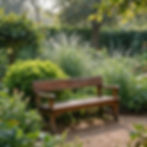 Empty wooden bench in a peaceful garden surrounded by green plants