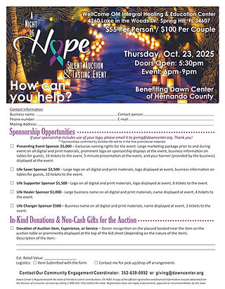 A Night of Hope Sponsor Form. For Help with this form please call 352-6390892.