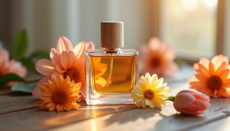 Close-up view of a sleek perfume bottle with floral decorations on a wooden table