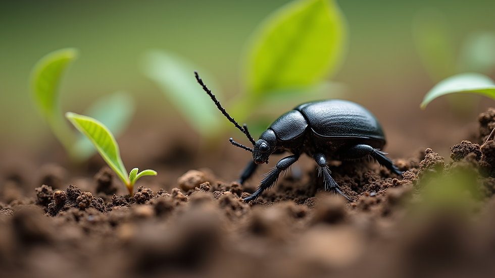 Close-up view of a beetle habitat with soil and plants