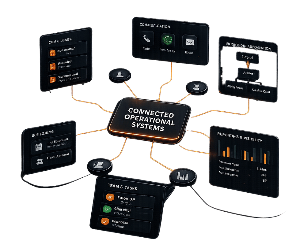 Connected operational systems illustration showing communication workflows, automation pathways, operational dashboards, system integration, and business process visibility working together in a unified operational environment.