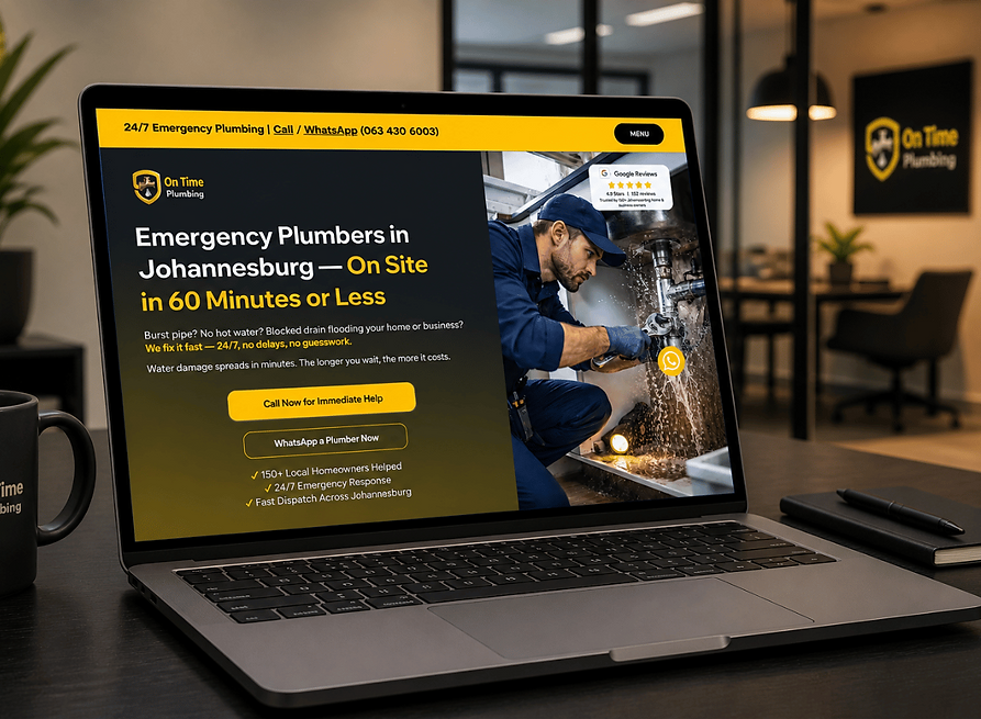 Laptop angled on a modern office desk displaying the On Time Plumbing website homepage with emergency plumbing call-to-action and Johannesburg service messaging on screen.