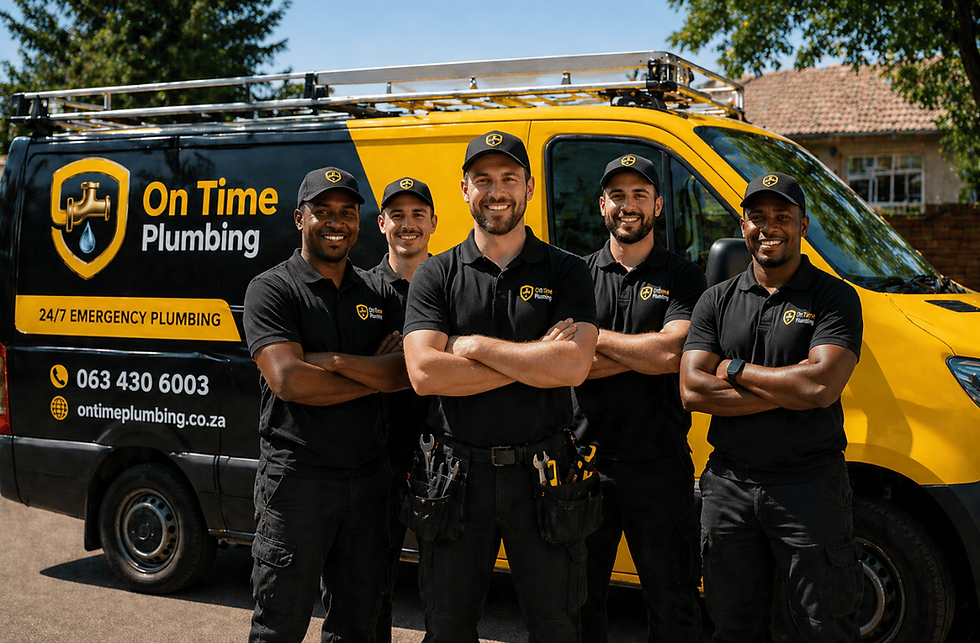 Emergency plumber team in Johannesburg standing in front of branded On Time Plumbing van ready for 24/7 service