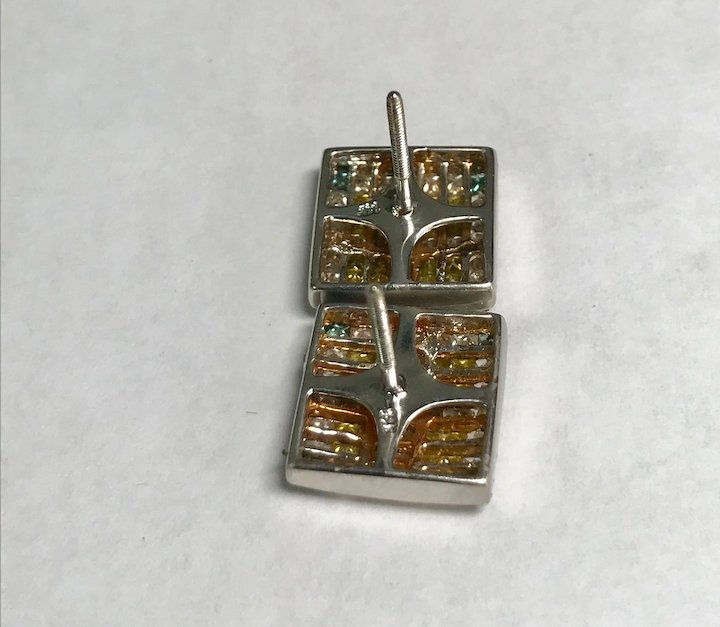 Thumbnail: 14 K White Gold Pierced Post Yellow, Blue & White 2.00 CTW Princess Cut Diamond