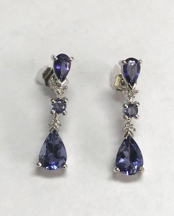 Thumbnail: 10 K White Gold Iolite and Diamond Pierced Dangle Earrings