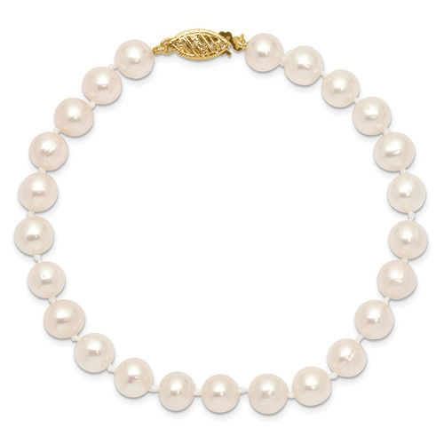 Genuine Freshwater Cultured White Round Pearl Bracelet 14K