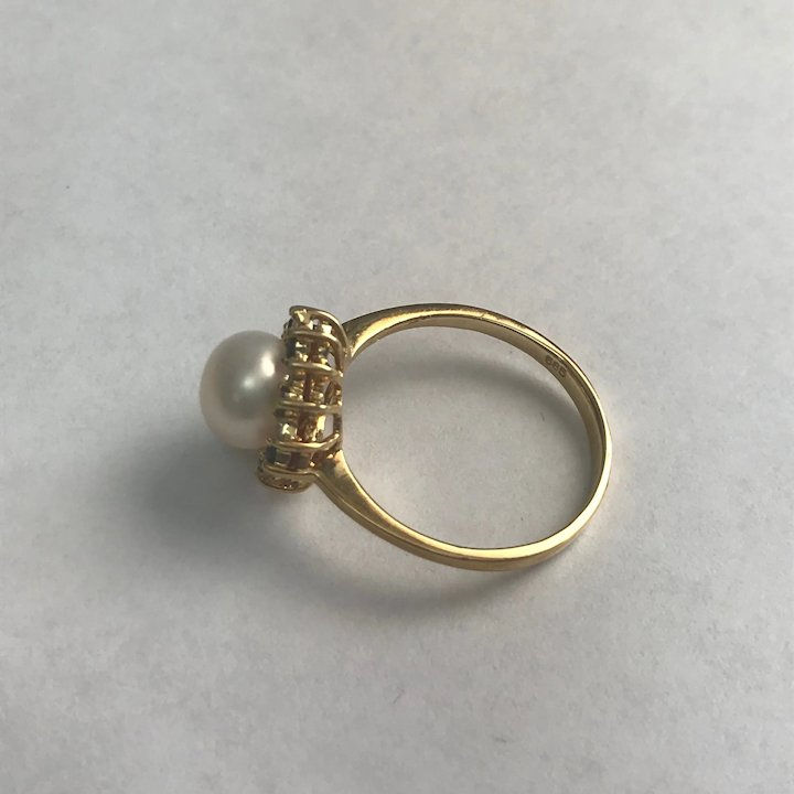 Thumbnail: 14 K Yellow Gold 7 mm White Cultured Pearl, Sapphire & Diamond Ring