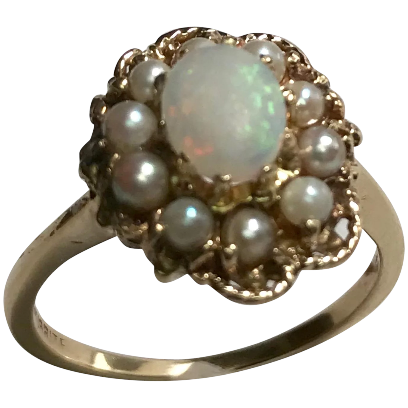 Art Deco 10 Karat Yellow Gold Opal & Seed Pearl Ring
