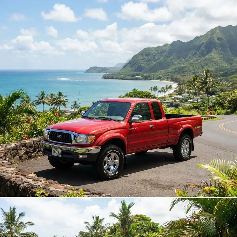Outdoor photography of a red pickup truck parked on a scenic coastal road with lush green mountains and a blue ocean in the background.