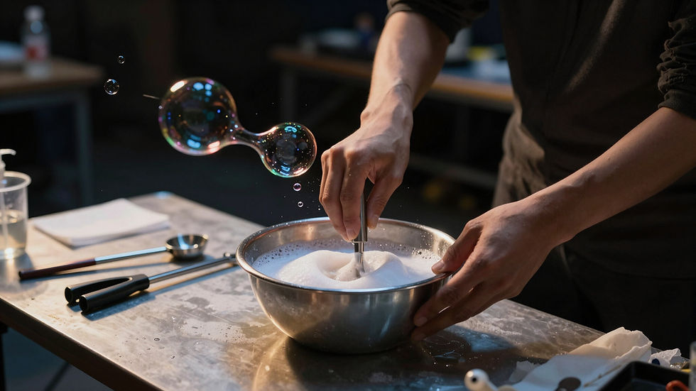 Le magicien Stephan Masur créant des bulles de savon avec sa propre recette de solution pour bulles